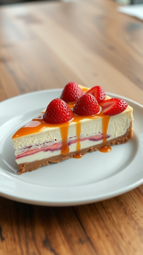 Slice of classic New York style cheesecake topped with strawberries and caramel sauce on a wooden table.